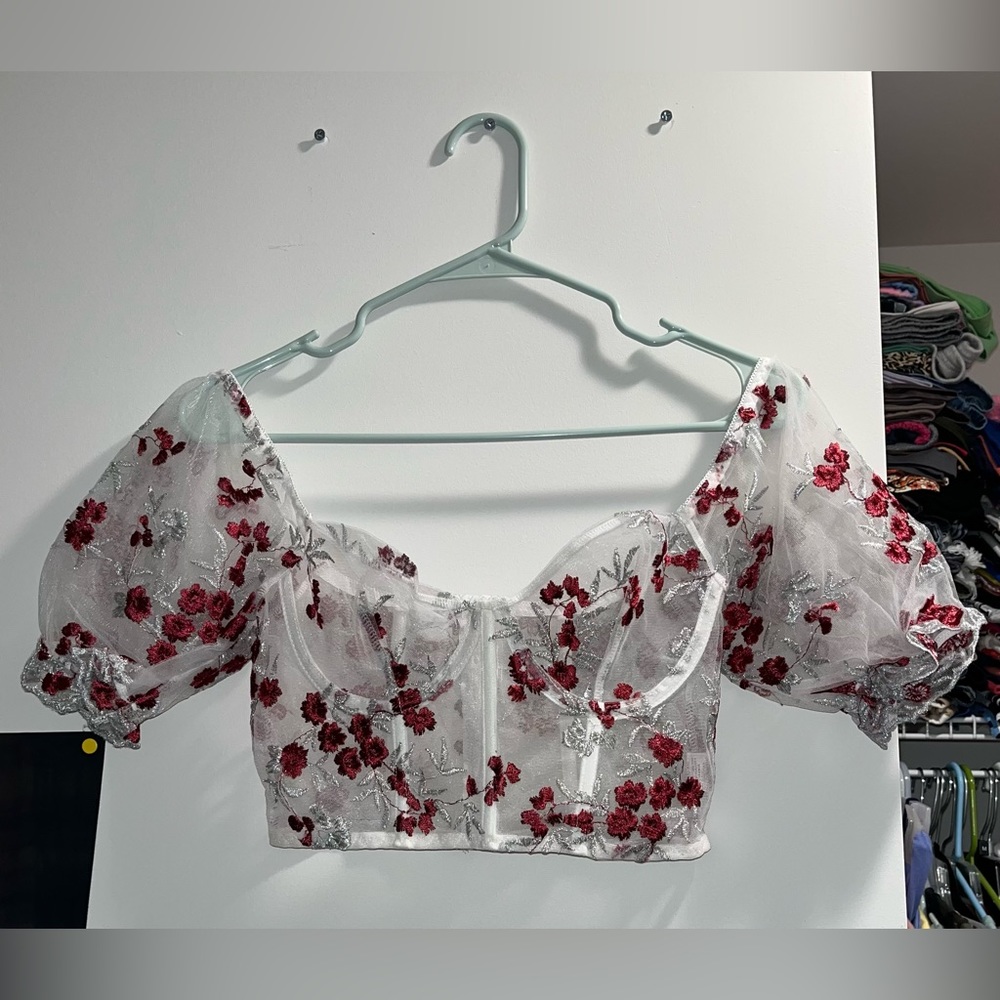 SHEIN puff sleeve corset top - sheer with red and silver flowers, size small